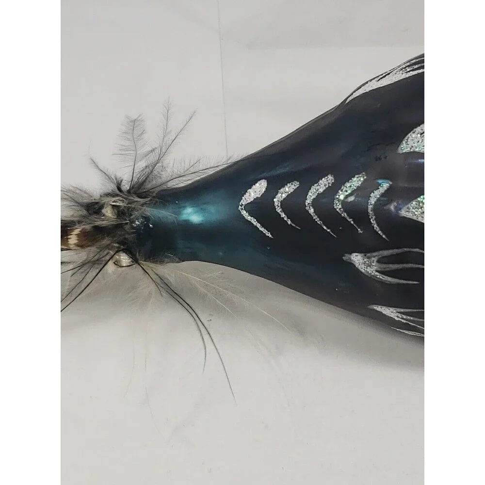 Blown Glass Bird Christmas Tree Ornament Feathers Glitter Dark Green Unique